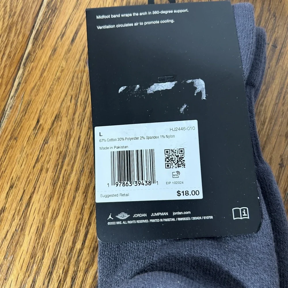 Nike Jordan Mens Size L (8-12) Black Everyday Plus Cushioned Crew Socks